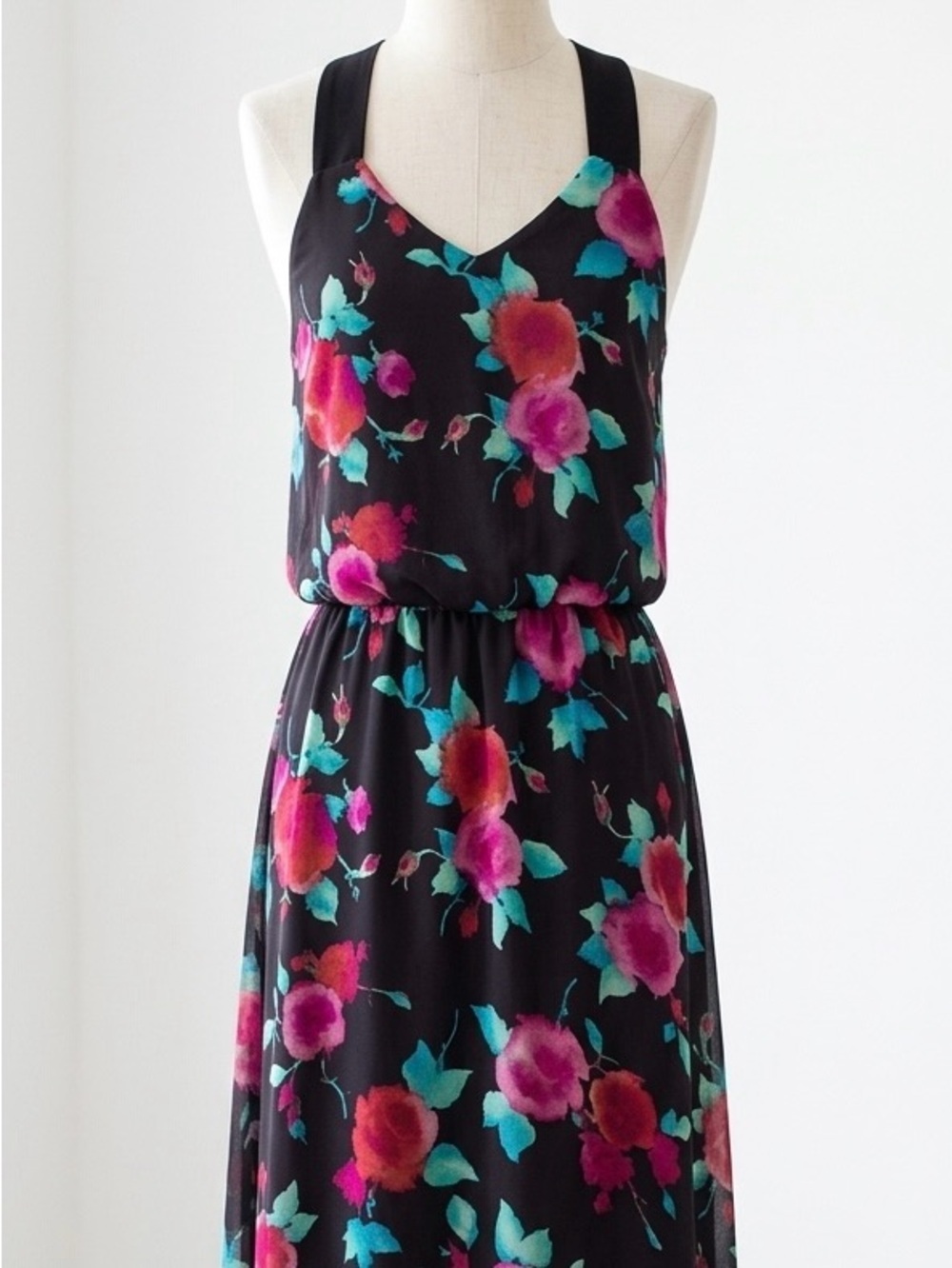RW&CO.| Black Maxi Sleeveless Sheer Lined Dress w/Pink & Red Floral Print Sz XS